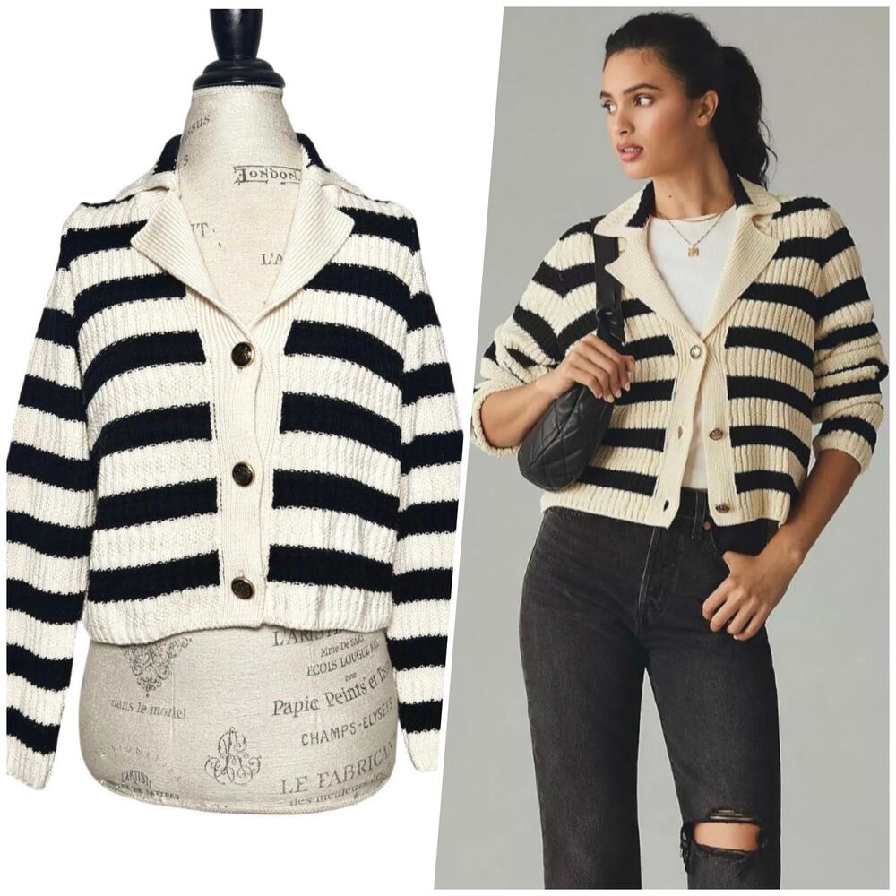 Maeve | Women | Greta Black Stripe Ribbed Knit Polo Cardigan Sweater | Size XS